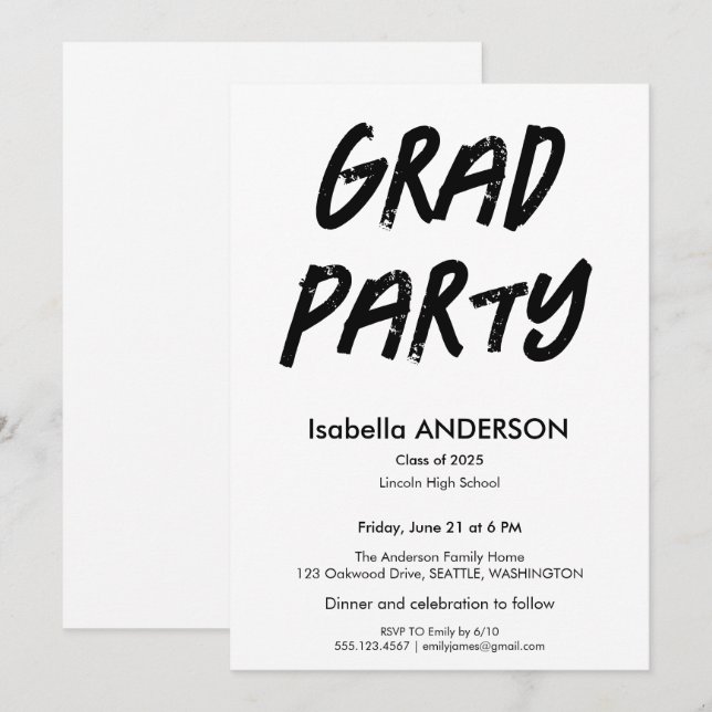 Convites Modern Black and White Graduation Party (Frente/Verso)