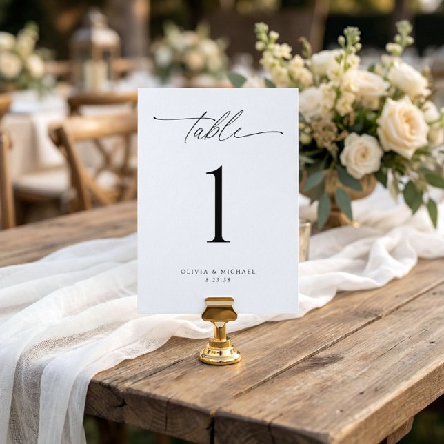 Convites Modern Black and White Wedding Table Number Cards (modern wedding table number 5x7 minimalist elegant handwriting script reception table decor)
