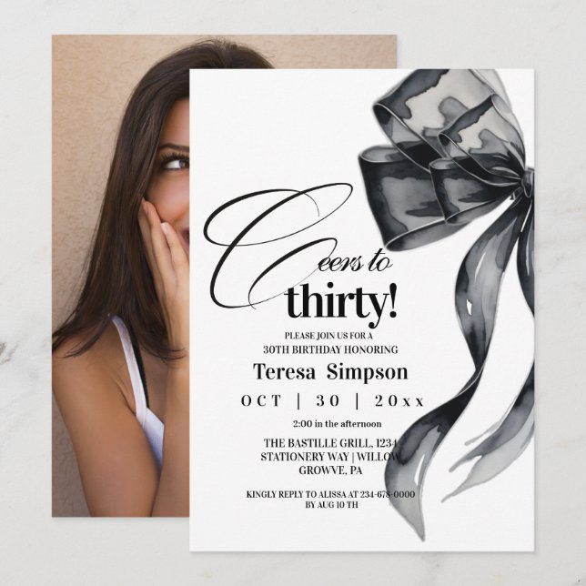 Convites Modern Black Bow 30th Birthday Photo  (Frente/Verso)