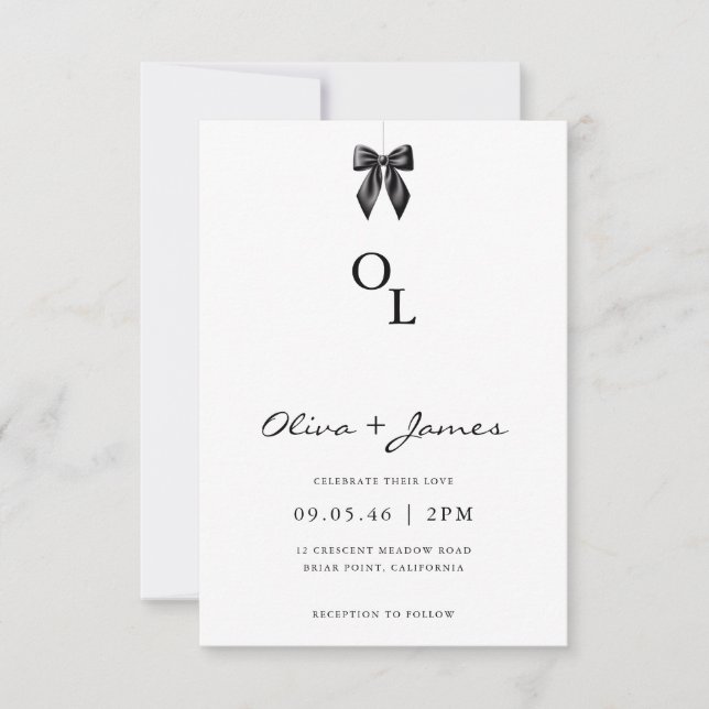 Convites Modern Black Bow Monogram Wedding Invitation (Frente)