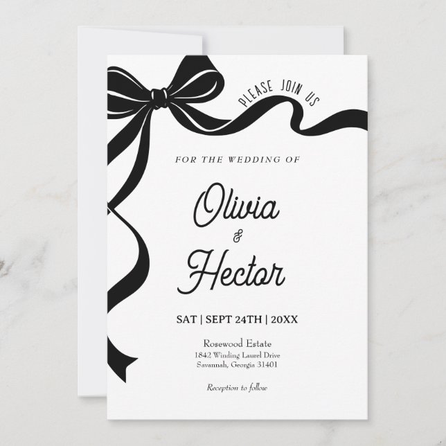 Convites Modern Black Bow Wedding Invitation  (Frente)