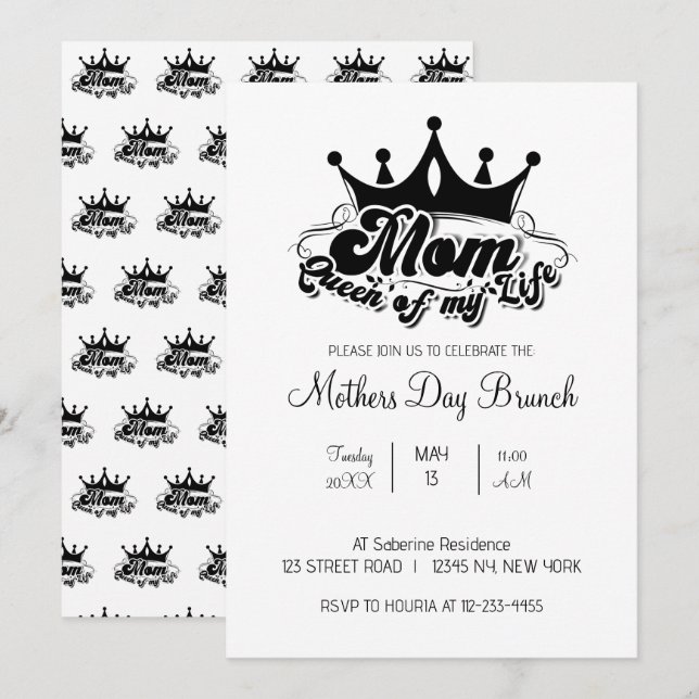 Convites Modern Black Crown MOM Queen of my life Invitation (Frente/Verso)