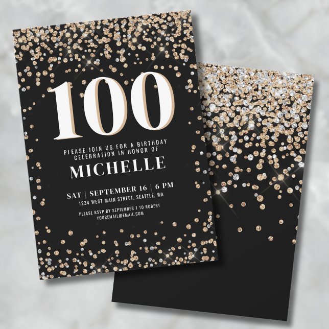 Convites Modern Black Dourado 100º aniversário (Black Gold 100th Birthday Invitation)
