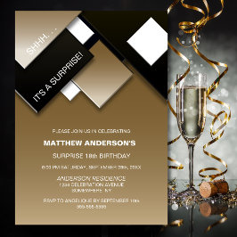 Convites Modern Black Dourado Surprise 18ª Festa de anivers