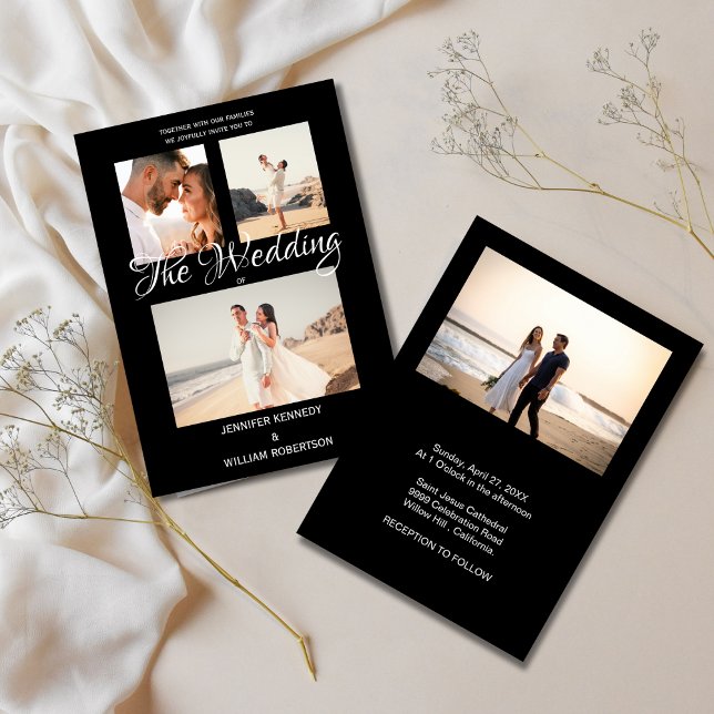 Convites Modern Black Elegant Script Photo Classic Wedding  (Criador carregado)