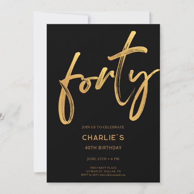Convites Modern Black & Gold 40th Birthday Invitation (Frente)