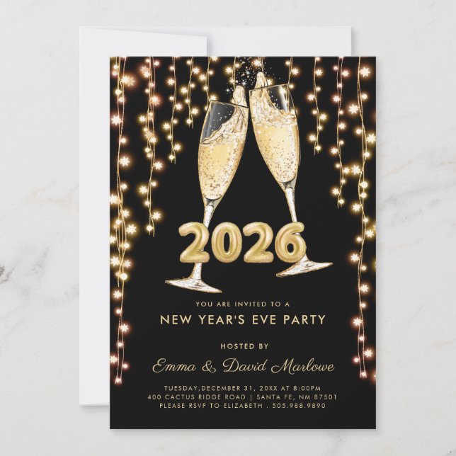 Convites Modern Black Gold Champagne 2026 New Years Eve (Frente)