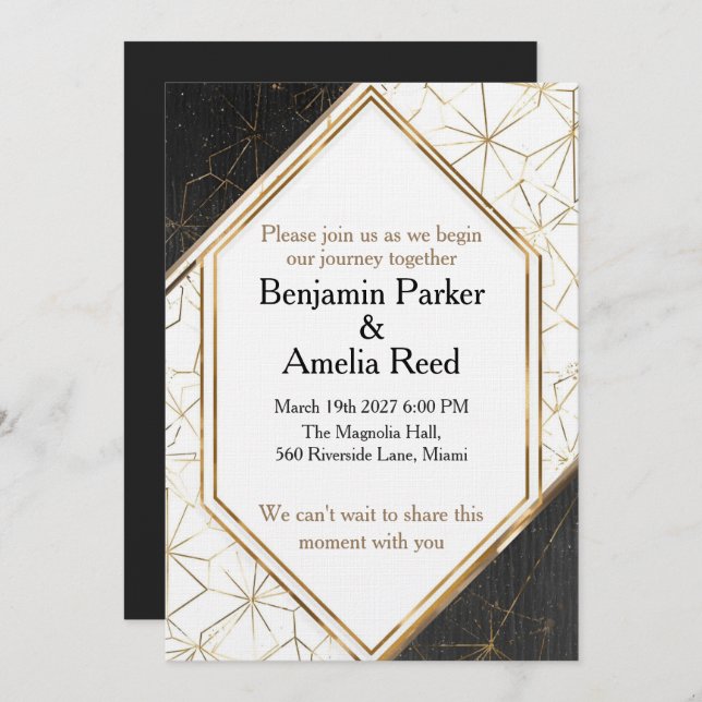 Convites Modern Black Gold Geometric Wedding Invitation (Frente/Verso)