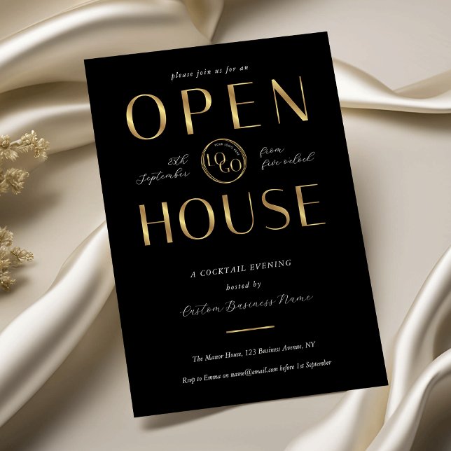 Convites Modern Black & Gold Open House Corporate Logo (Criador carregado)