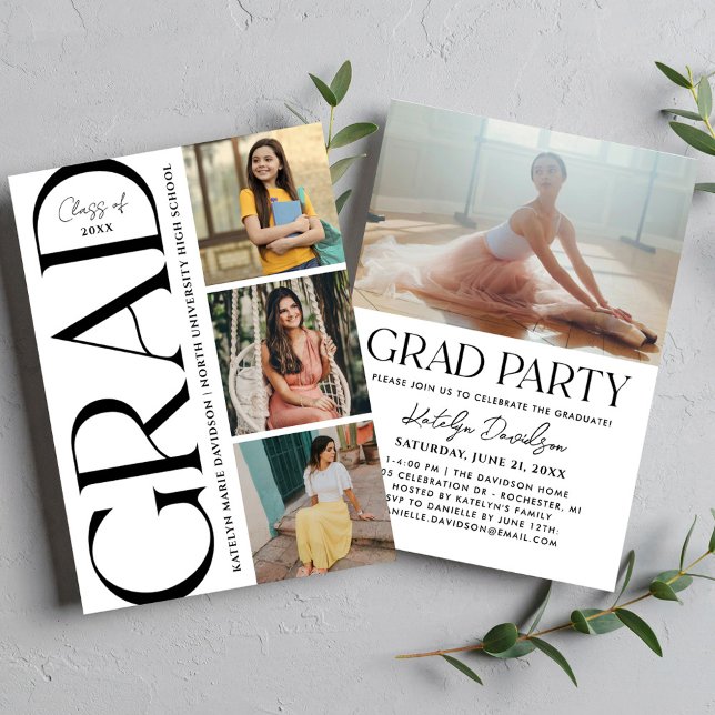 Convites Modern Black Grad Multi Photo Graduation Party (Criador carregado)