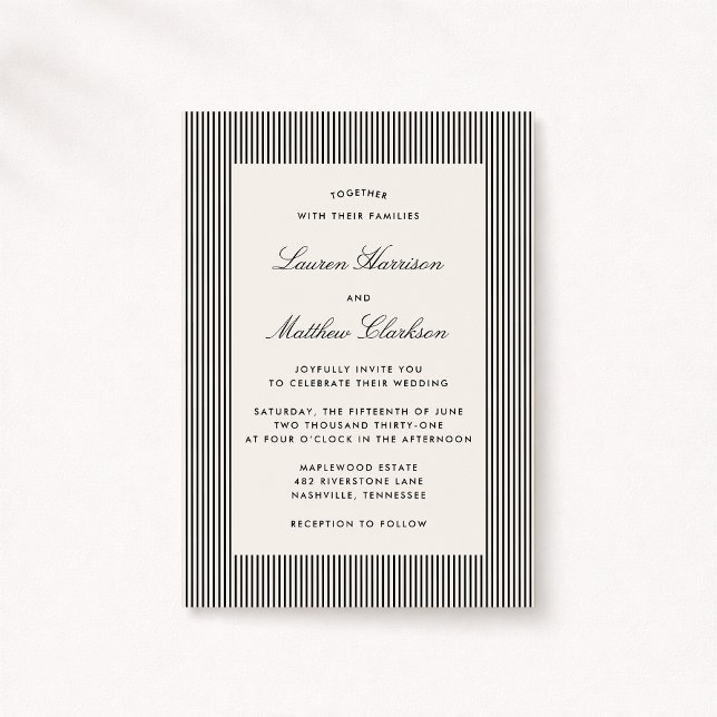 Convites Modern Black & Ivory Striped Wedding Invitation (Criador carregado)