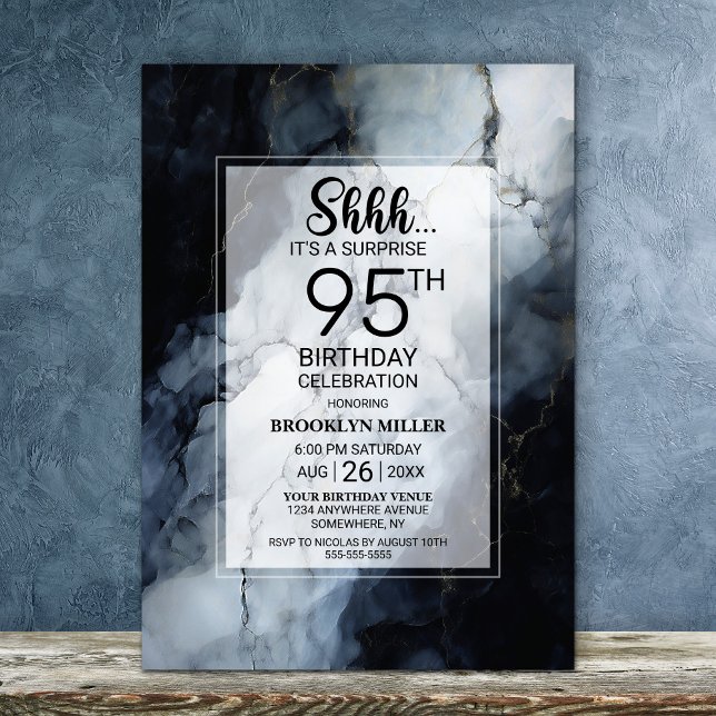 Convites Modern Black Marble Surprise 95th Festa de anivers (Criador carregado)