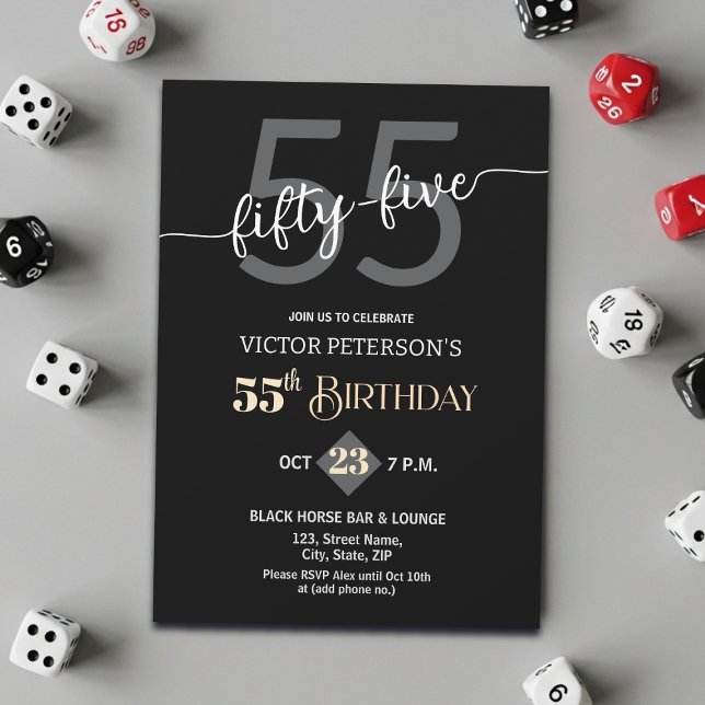 Convites Modern Black Minimalist Men 55th Birthday Party (Criador carregado)