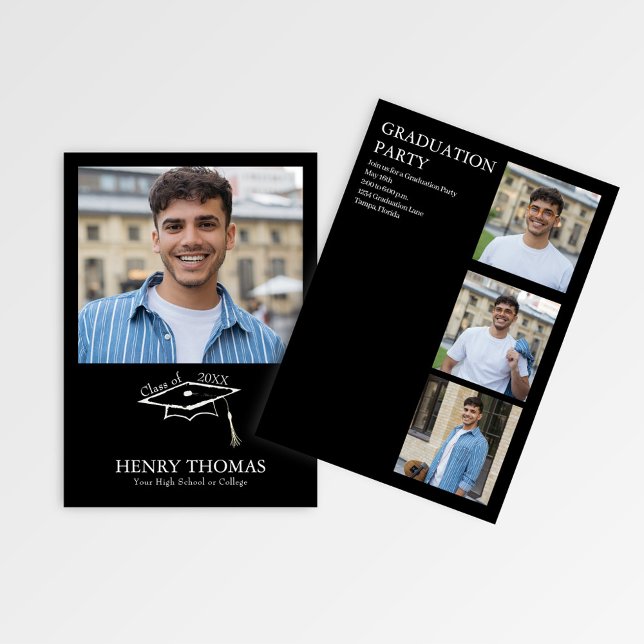 Convites Modern Black Photo Graduation Party Announcement (Modern black graduation photo card with cap graphic and clean minimalist layout)
