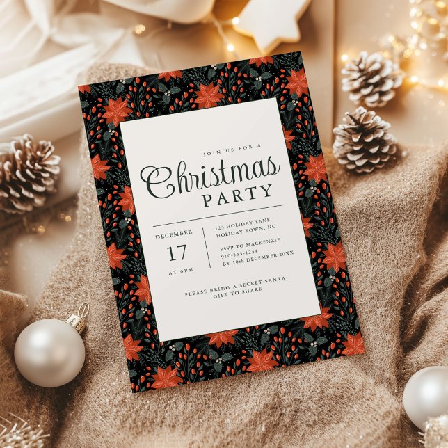 Convites Modern Black Poinsettia Christmas Party Invitation (Poinsettia Season Christmas Party invite black)