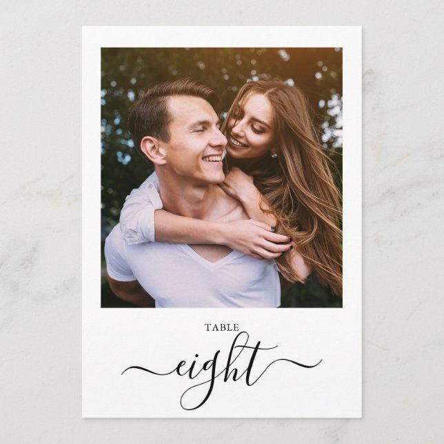 Convites Modern Black Script Photo Eight Table Number (Frente)