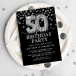 Convites Modern Black & Silver 50ª Festa de aniversário Sur<br><div class="desc">Convite de aniversário moderno de preto e prata para alguém que faz cinquenta anos! Apresentando um fundo preto,  faux prata glitter confetti,  balões prateados de 50 anos e um elegante modelo de aniversário que é fácil de personalizar.</div>