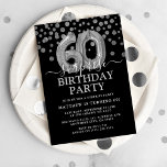 Convites Modern Black & Silver 60ª Festa de aniversário Sur<br><div class="desc">Preto moderno e surpresa prateada sessenta convites de aniversário! Apresentando um fundo preto,  script de caligrafia branca e fonte serif,  faux prata glitter confetti,  balões de hélio prateado moderno e um elegante modelo de aniversário que é fácil de personalizar.</div>