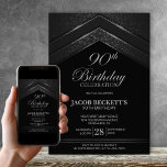 Convites Modern Black Silver 90th Birthday Party<br><div class="desc">Elevem a celebração do marco do seu convidado de honra com este convite de aniversário preto e prateado. Estipulosamente moderno e elegante, dá o tom perfeito para uma noite inesquecível. Personalizar os convites é uma brisa, basta preencher os detalhes essenciais usando os modelos de texto fornecidos. Você pode escolher entre...</div>