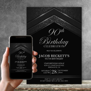 Convites Modern Black Silver 90th Birthday Party