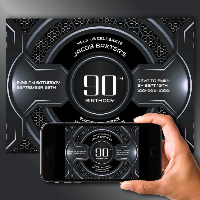 Convites Modern Black Silver 90th Birthday Party (Criador carregado)