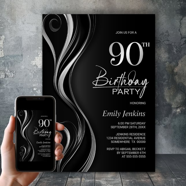 Convites Modern Black Silver 90th Birthday Party (Criador carregado)