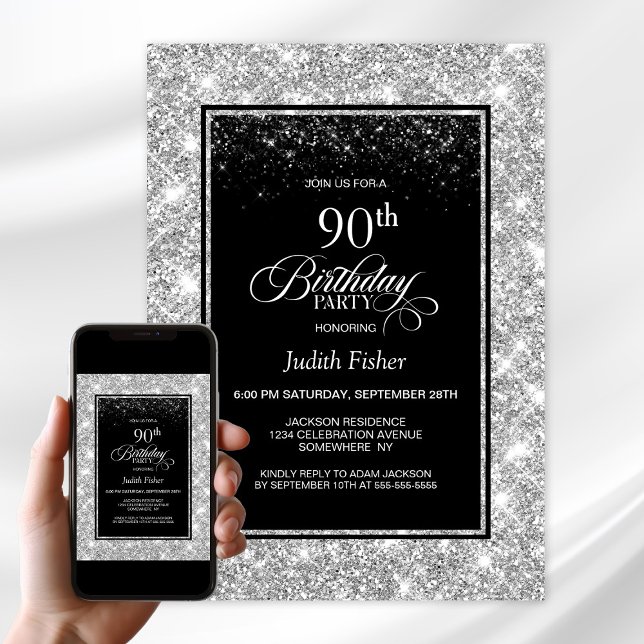 Convites Modern Black Silver 90th Birthday Party (Criador carregado)