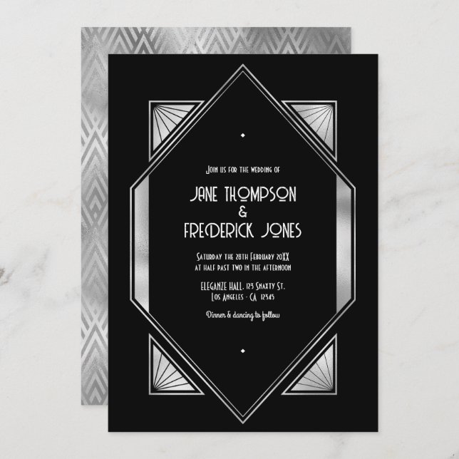 Convites Modern Black & Silver Gatsby Art Deco Wedding (Frente/Verso)