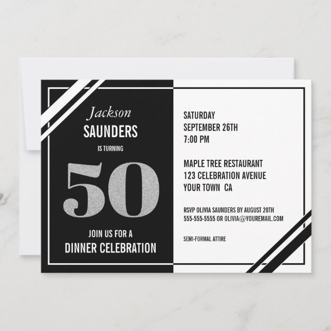 Convites Modern Black White 50th Birthday Jantar Party (Frente)