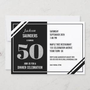 Convites Modern Black White 50th Birthday Jantar Party