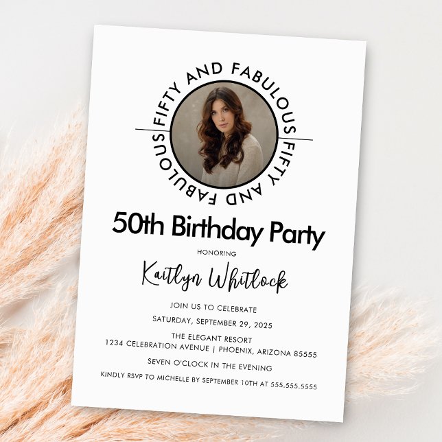 Convites Modern Black White Fifty and Fabulous (black and white fifty and fabulous 50th birthday party invitation bold typography elegant script)