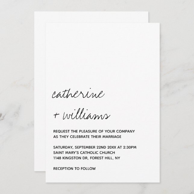 Convites Modern Black & White Minimalist Script Wedding (Frente/Verso)