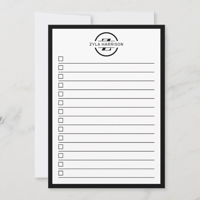 Convites Modern Black White Monogram Name To Do List (Frente)