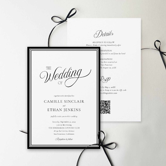 Convites Modern Black & White QR Code All In One Invitation (Modern Black and White QR Code Wedding Invite)