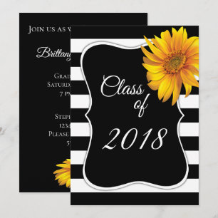 Convites Modern BlackWhite Stripe Sunflower 2018 Graduaçã