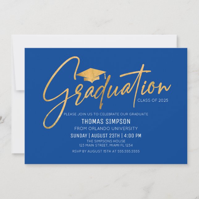 Convites Modern blue and gold Graduation Invitation (Frente)