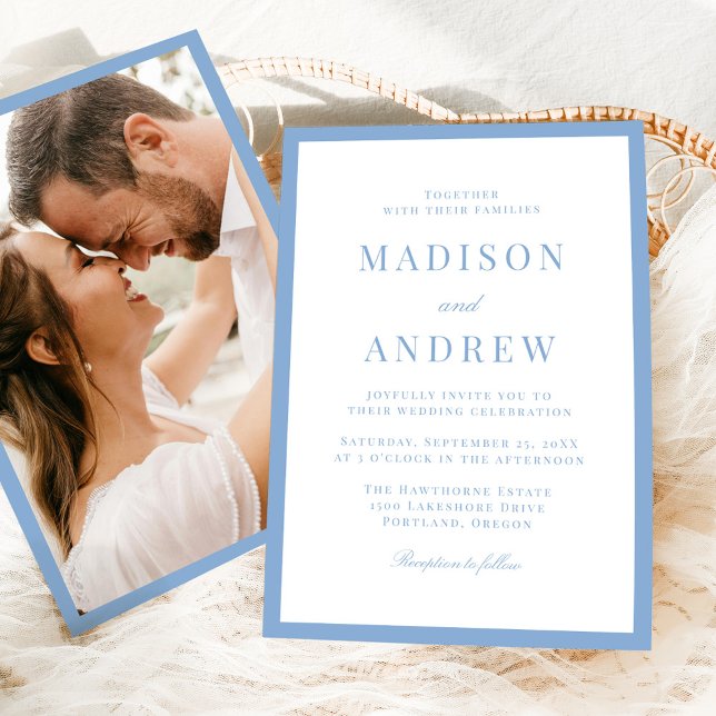 Convites Modern Blue Border Photo Wedding (Criador carregado)