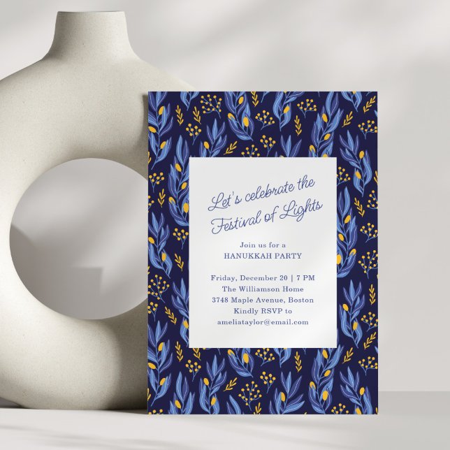 Convites Modern Blue Botanical Family Hanukkah Party (Criador carregado)