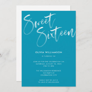 Convites Modern Blue Brush Script Sweet 16 Aniversário