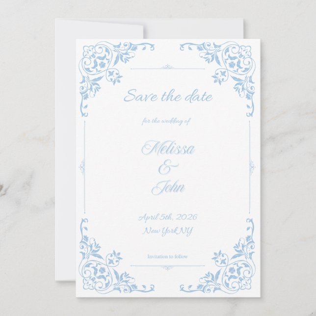 Convites Modern Blue Filigree French Country Save the Date (Frente)