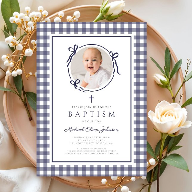 Convites Modern Blue Gingham Photo Boy Baptism (Modern Blue Gingham Photo Boy Baptism Invitation)