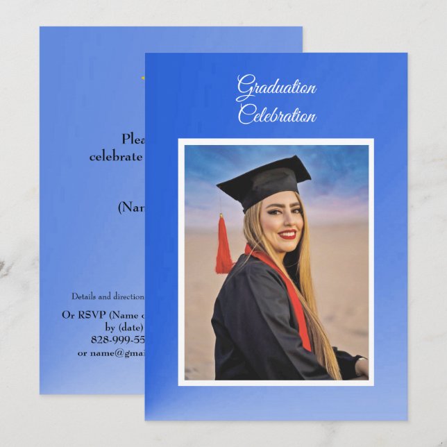 Convites Modern Blue Gradient Grad Party Invitation - photo (Frente/Verso)