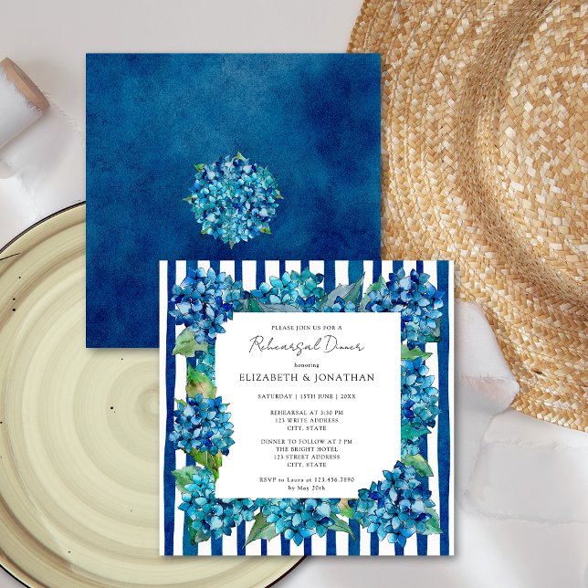Convites Modern Blue Hydrangeas Stripe Rehearsal Dinner (Criador carregado)
