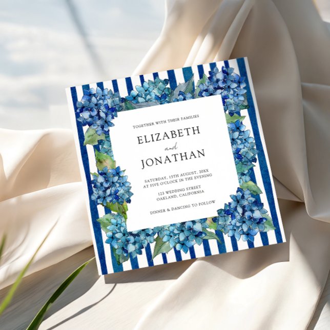 Convites Modern Blue Hydrangeas Watercolor Stripe Wedding (Criador carregado)
