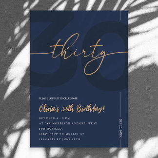 Convites Modern Blue Navy & Gold 30th Birthday Invitation