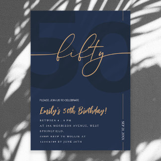 Convites Modern Blue Navy & Gold 50th Birthday Invitation