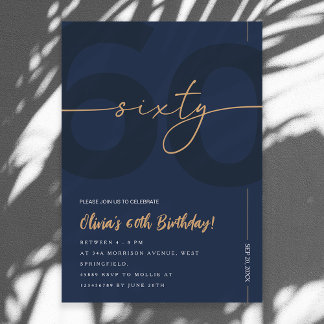 Convites Modern Blue Navy & Gold 60th Birthday Invitation