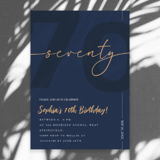 Convites Modern Blue Navy & Gold 70th Birthday Invitation
