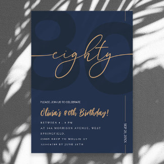 Convites Modern Blue Navy & Gold 80th Birthday Invitation