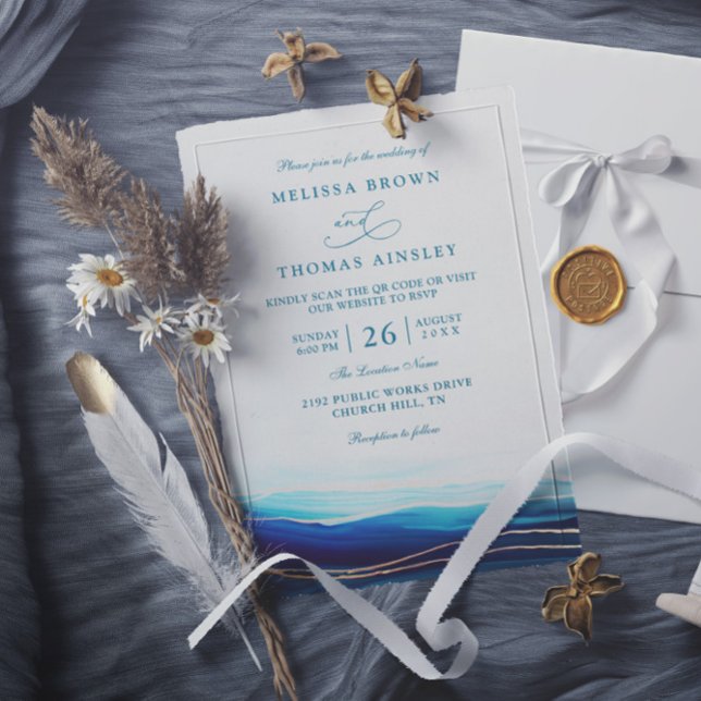Convites Modern Blue Navy Gold Ocean QR Code Wedding (Criador carregado)